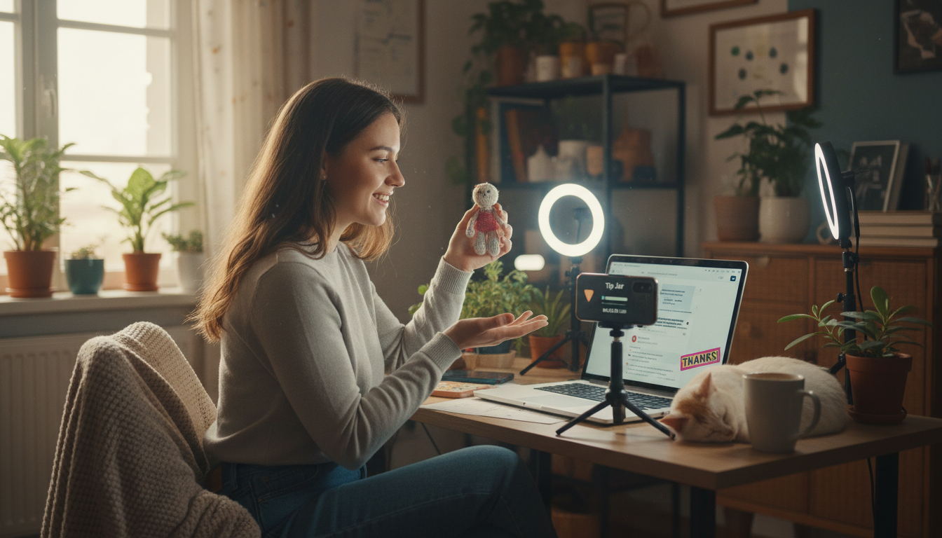 Woman livestreaming handmade toy from her cozy desk setup