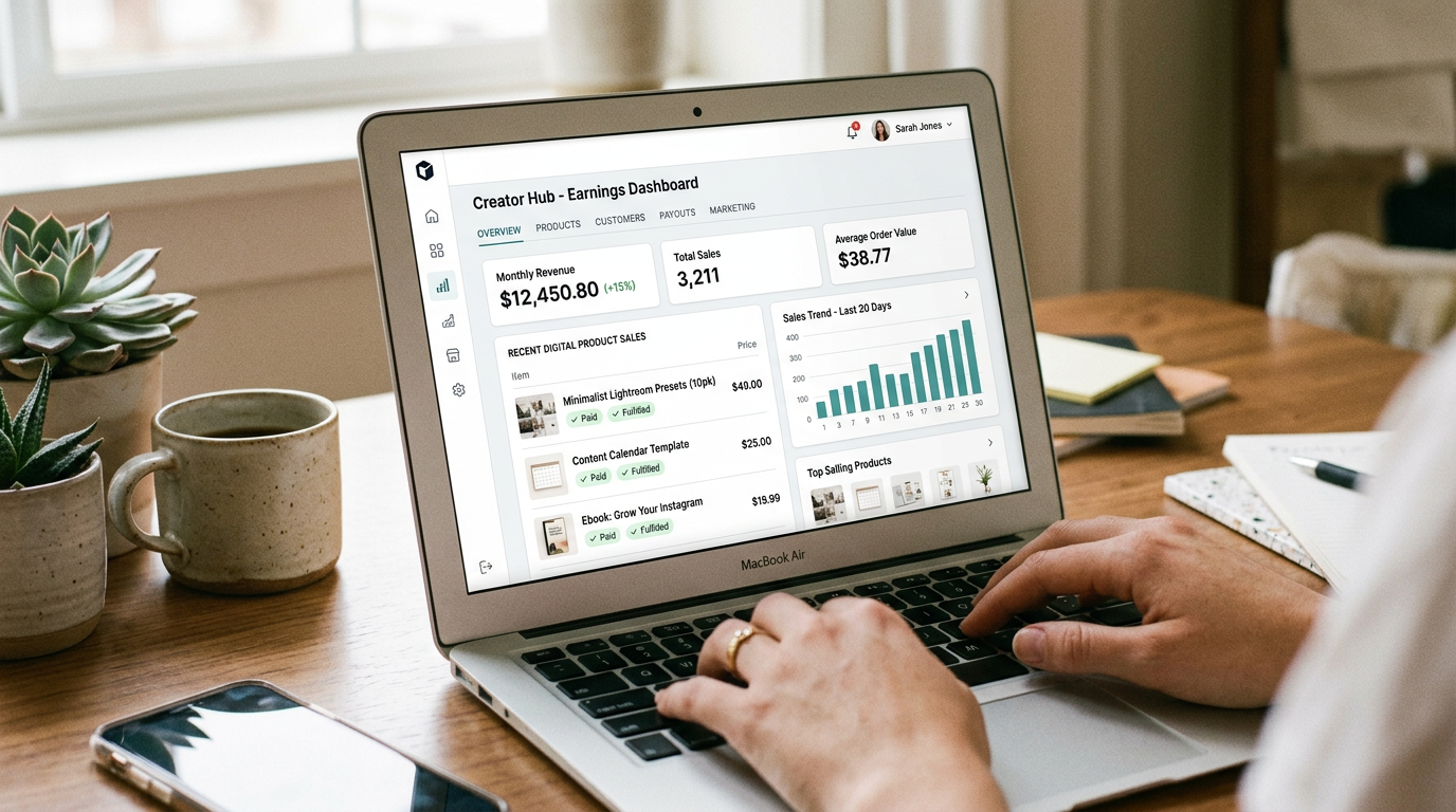 Earnings dashboard showing monthly revenue, total sales, average order value, recent product sales, and sales trends
