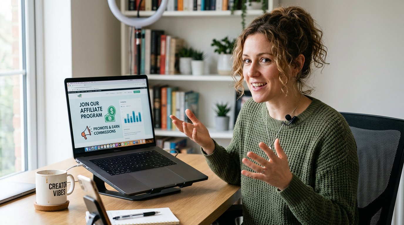 Woman presenting affiliate program details on laptop with charts and text